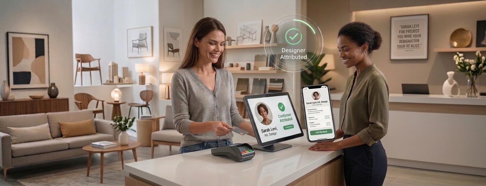 A client completing a purchase at a showroom counter, recognized as a TradePass project.