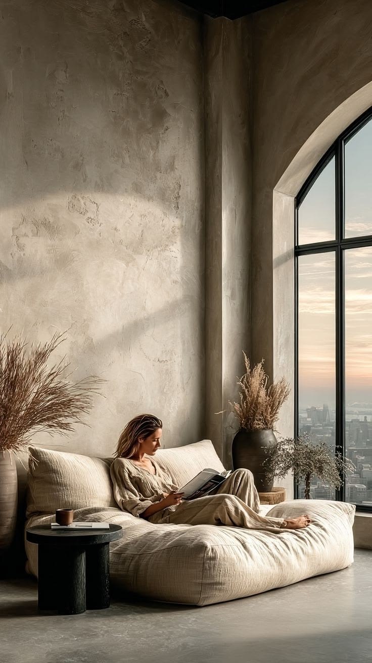 A reading nook beside a tall arched window.